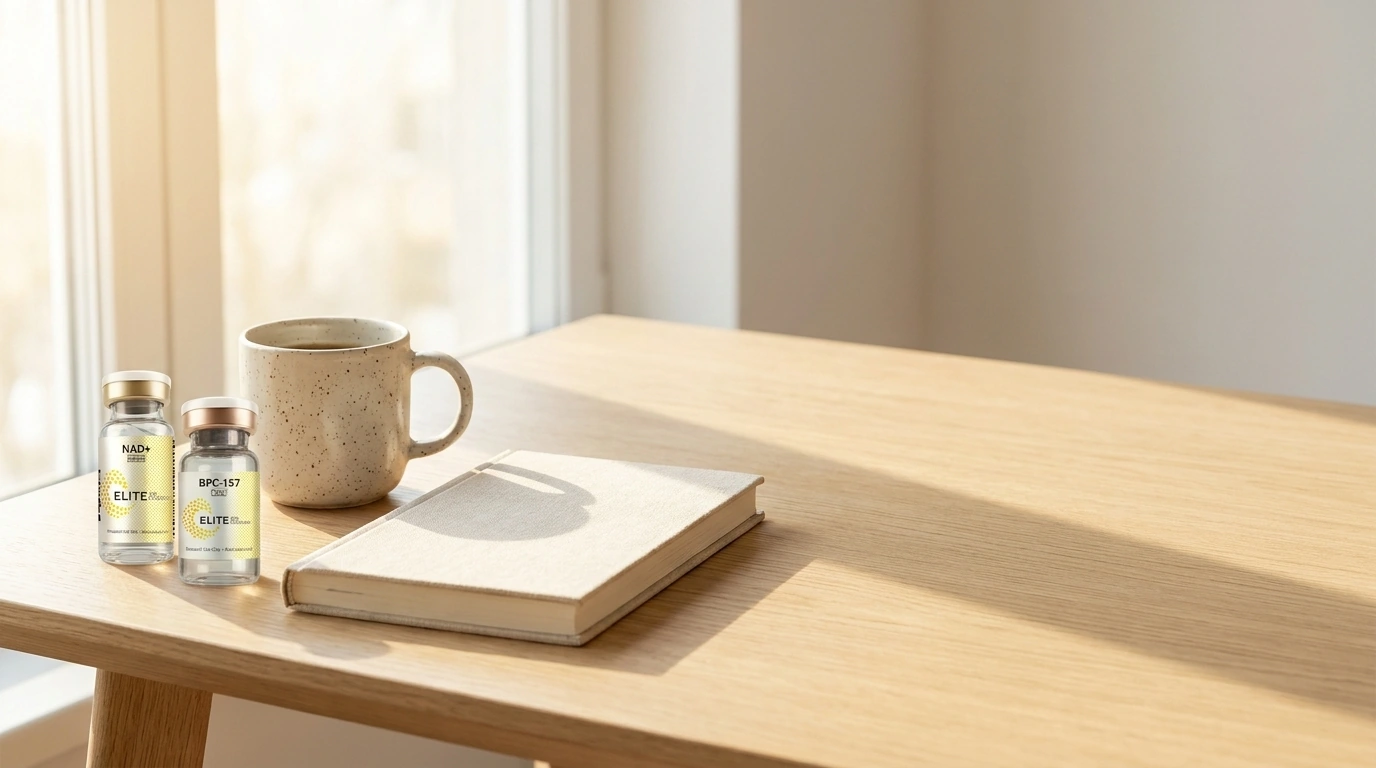 Elite Bioscience NAD+ and BPC-157 on a bright morning desk workspace