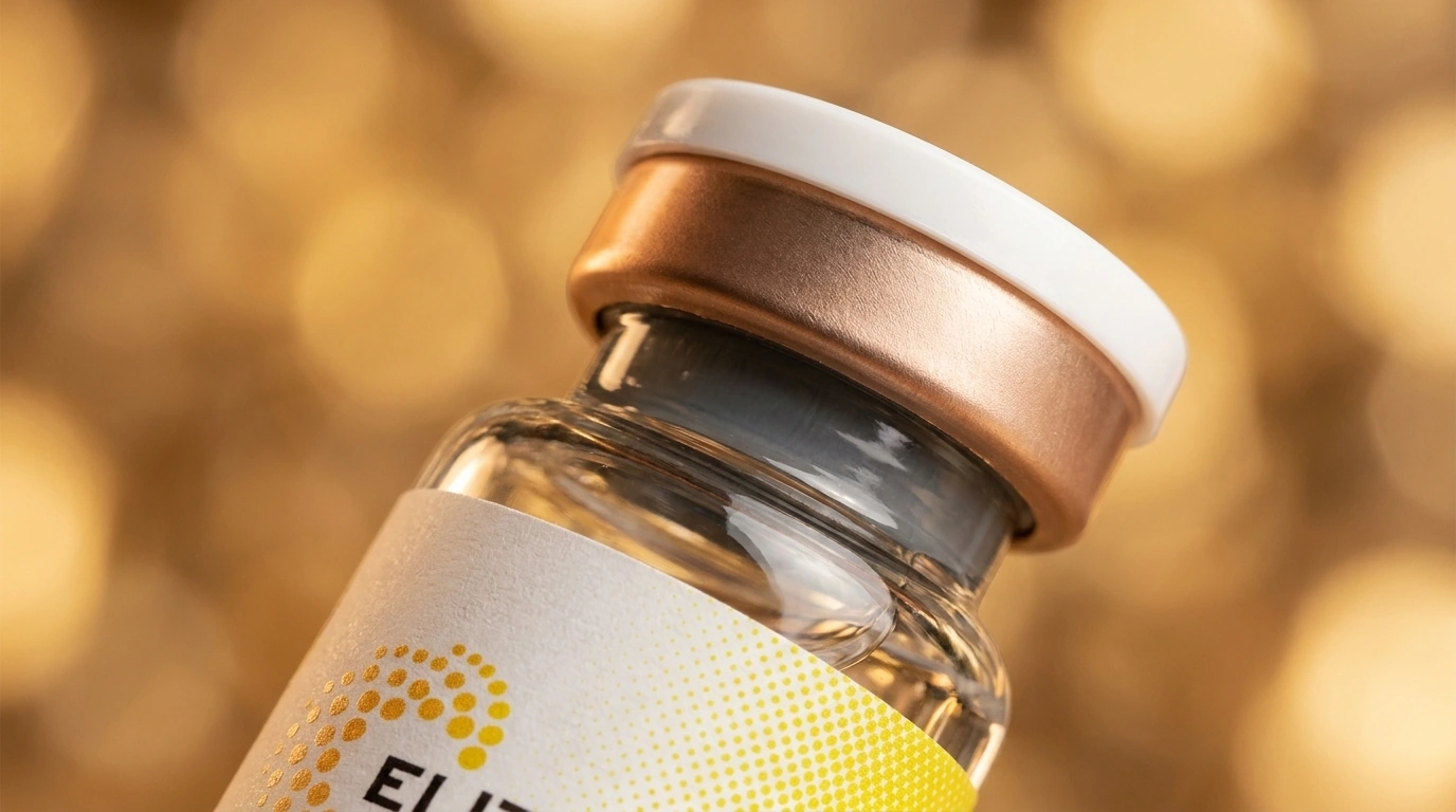 Close-up detail of smooth rose-gold Elite Bioscience vial cap